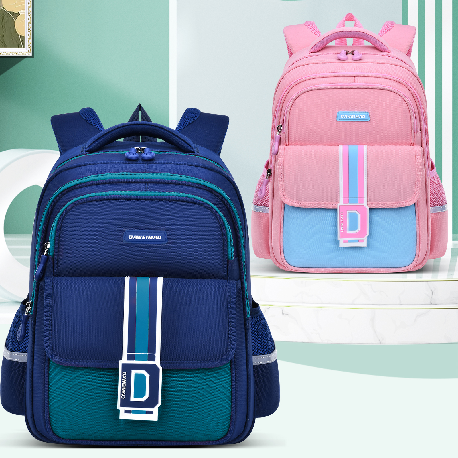 Simple and fashionable color-blocking letter print backpack, zipper closure, student backpack, travel backpack, outdoor casual bag, casual large-capacity schoolbag, student spine support, pressure-reducing, tear-resistant, waterproof and wear-resistant schoolbag Item Picture