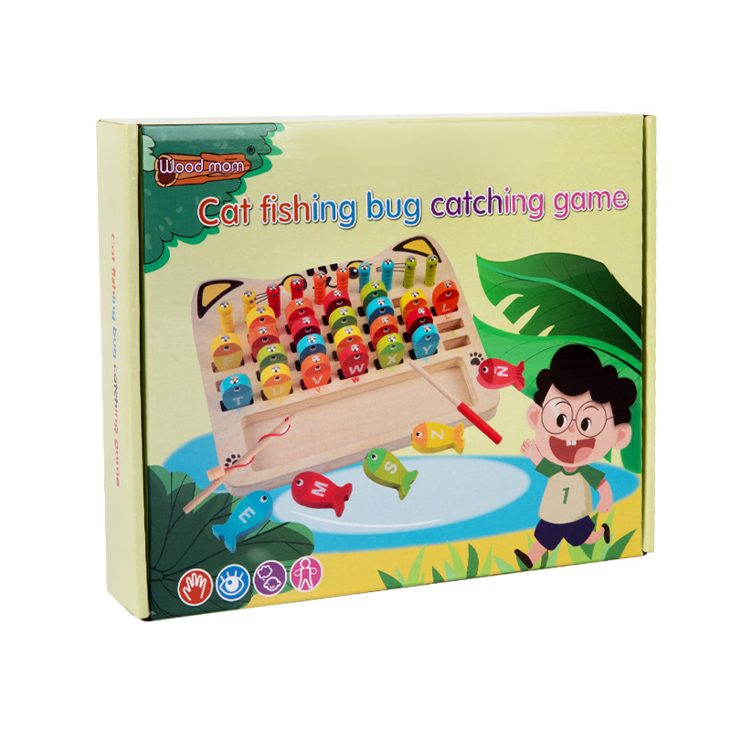 Magnetic cat fishing bug catching game Children's wooden numeric letter cognition kindergarten baby interactive toy 2-in-1 Fishing bug catching cat letter frog number two optional Application Scenario