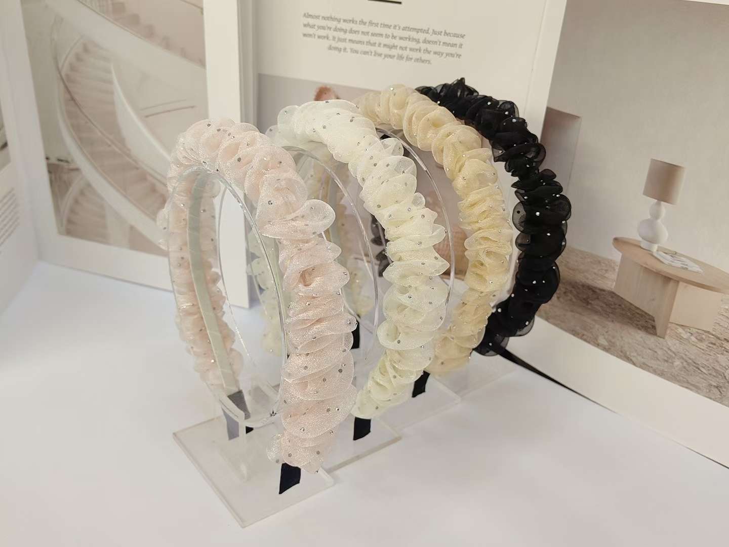 日韩褶皱网纱水钻发箍女高级感洋气时尚百搭外出高颅顶头箍压发卡