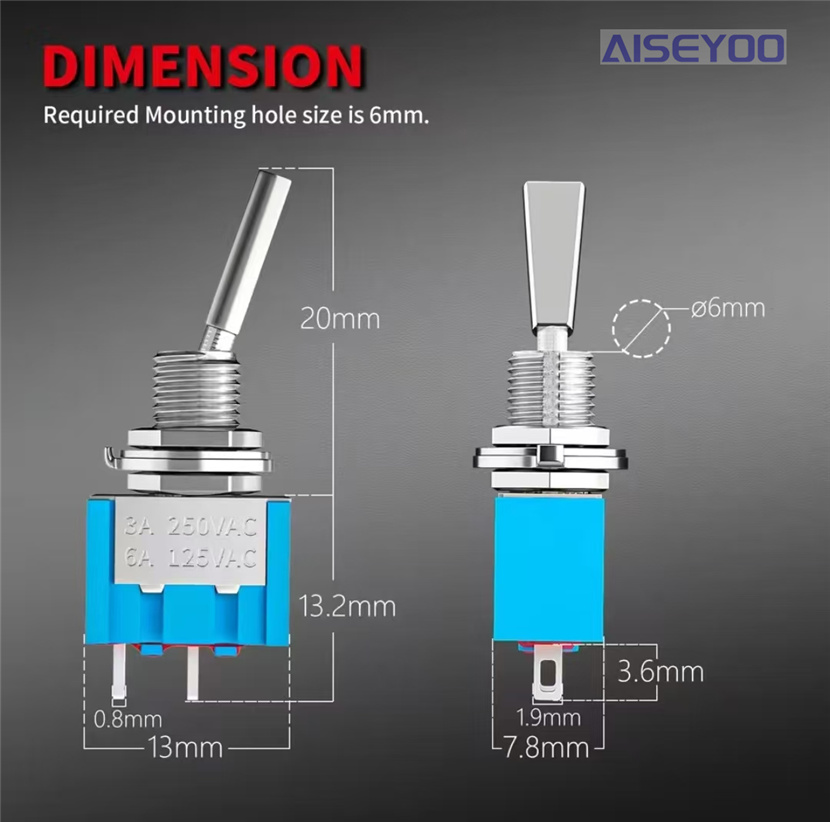 Micro blue toggle switch, small toggle switch, 2-position, 3-position, 2-pin, 3-pin rocker arm, shaking, flat handle toggle switch Application Scenario