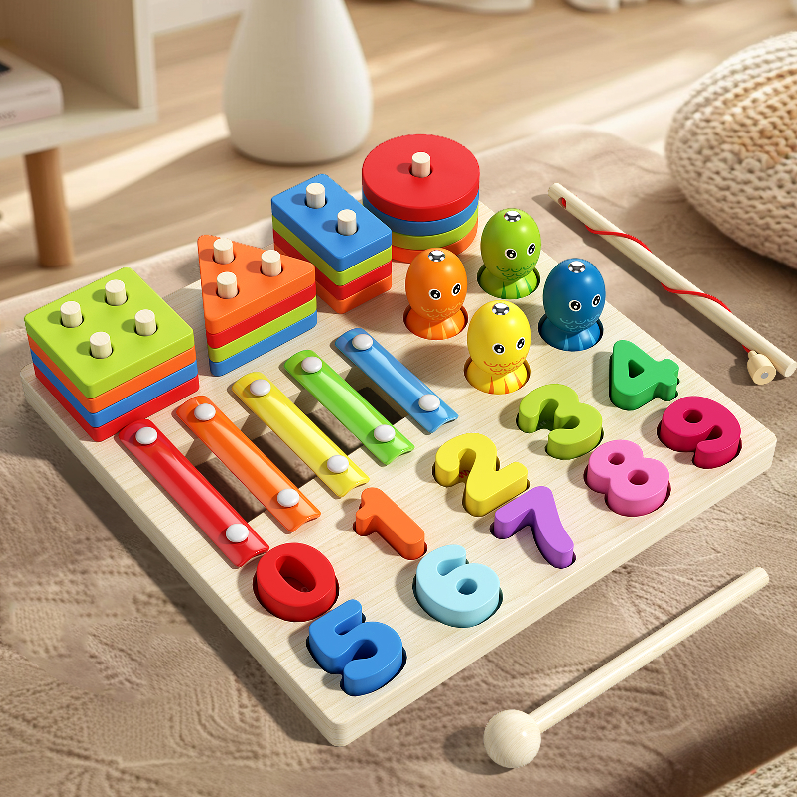 4-in-1 magnetic fishing set post percussion toys Children's education early education Geometry matching building blocks toys Digital Enlightenment cognitive children's toys educational toys Specification drawing