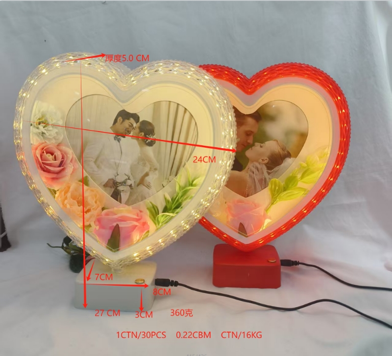 Heart-shaped desk lamp photo frame with flower heart-shaped photo frame, red mirror festive photo frame, plug-in mirror rose photo frame, custom photo frame detail image 2