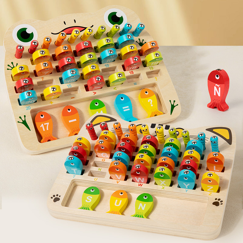 Magnetic cat fishing bug catching game Children's wooden numeric letter cognition kindergarten baby interactive toy 2-in-1 Fishing bug catching cat letter frog number two optional thumbnail