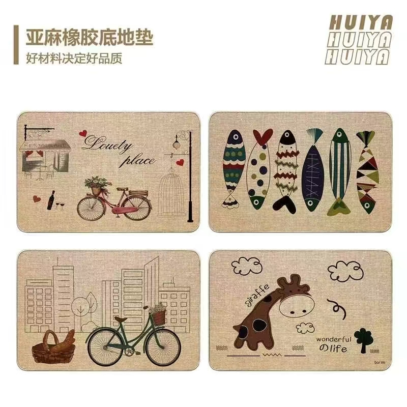 Thin fine linen printed floor mat, anti-slip mat, foot mat, door mat, bathroom mat, kitchen 2-piece set, floor mat, carpet, linen absorbent mat, good quality, multiple patterns, size 38*58CM Application Scenario