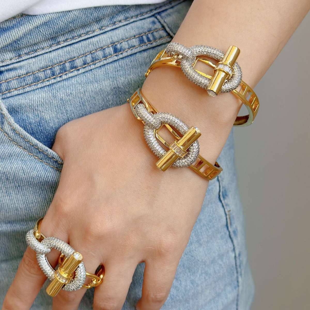 Cross-border new horizontal bar ot series ring and bracelet set, pig nose light luxury copper inlaid zircon bracelet ring for women