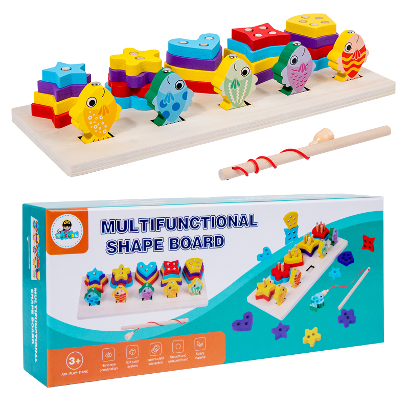 Multi-functional geometric shape board jigsaw puzzle paired with panels for early childhood education wooden column toys Four optional fishing shapes for digital cognition Item Picture