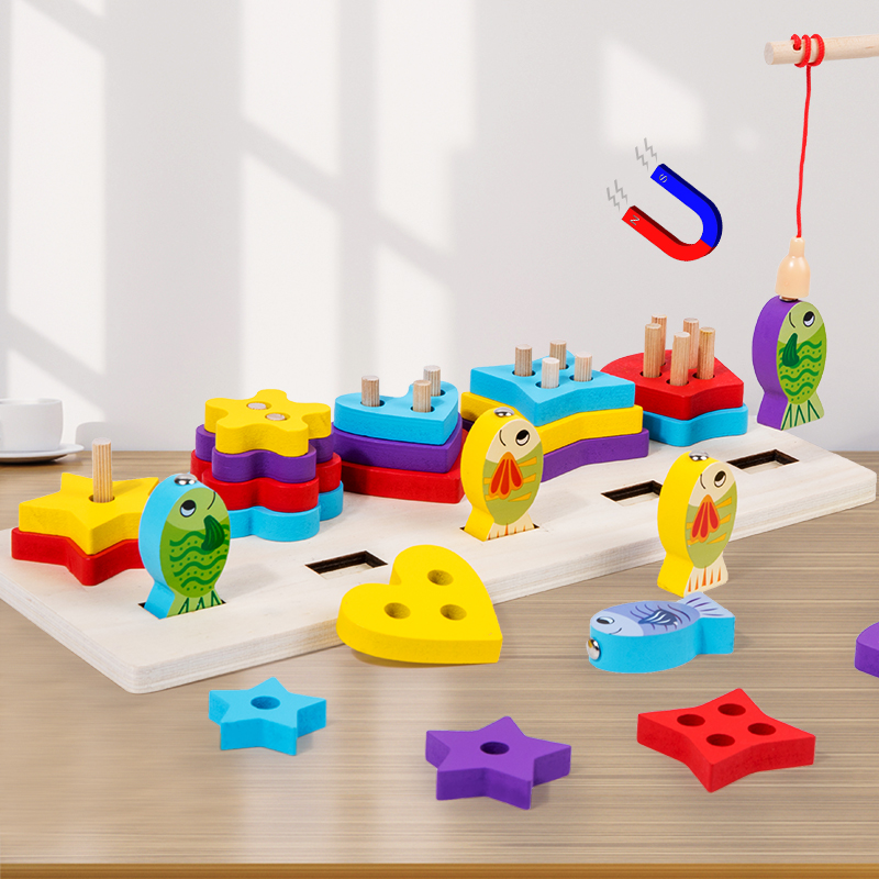 Multi-functional geometric shape board jigsaw puzzle paired with panels for early childhood education wooden column toys Four optional fishing shapes for digital cognition details Picture
