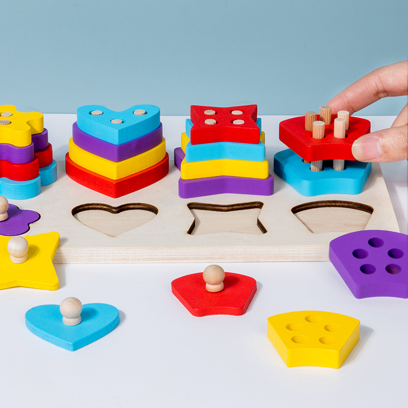 Multi-functional geometric shape board jigsaw puzzle paired with panels for early childhood education wooden column toys Four optional fishing shapes for digital cognition Specification drawing