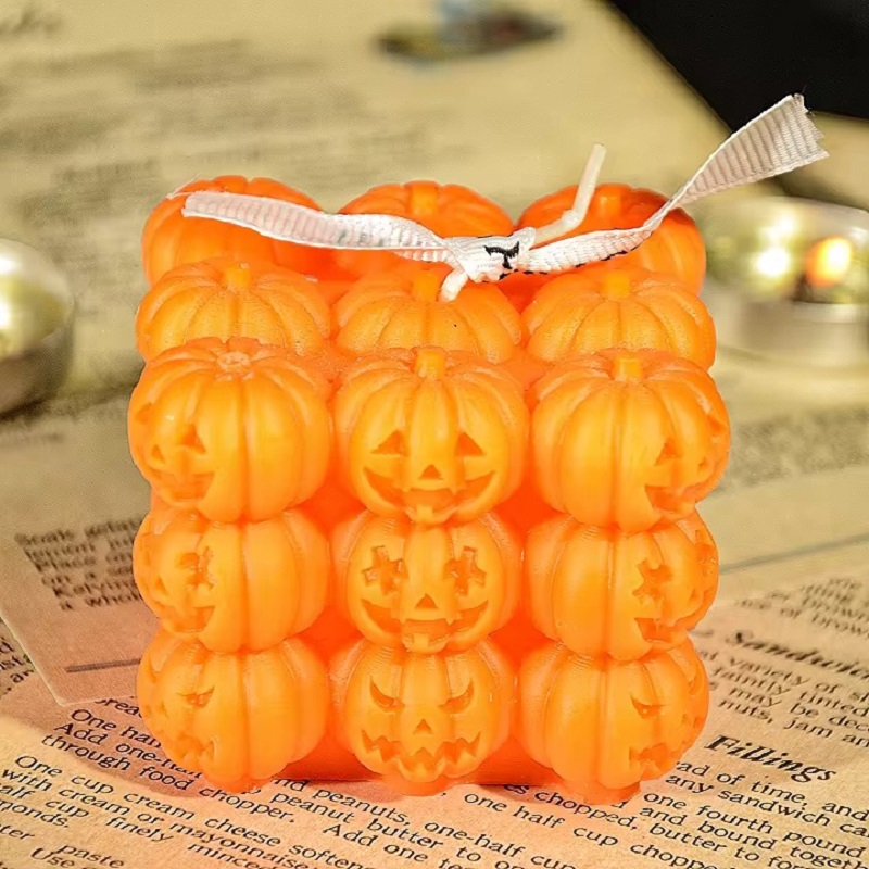 Creative, funny and terrifying Halloween atmosphere decorative display, pumpkin skull geometric Rubik's Cube gradient color scented candle