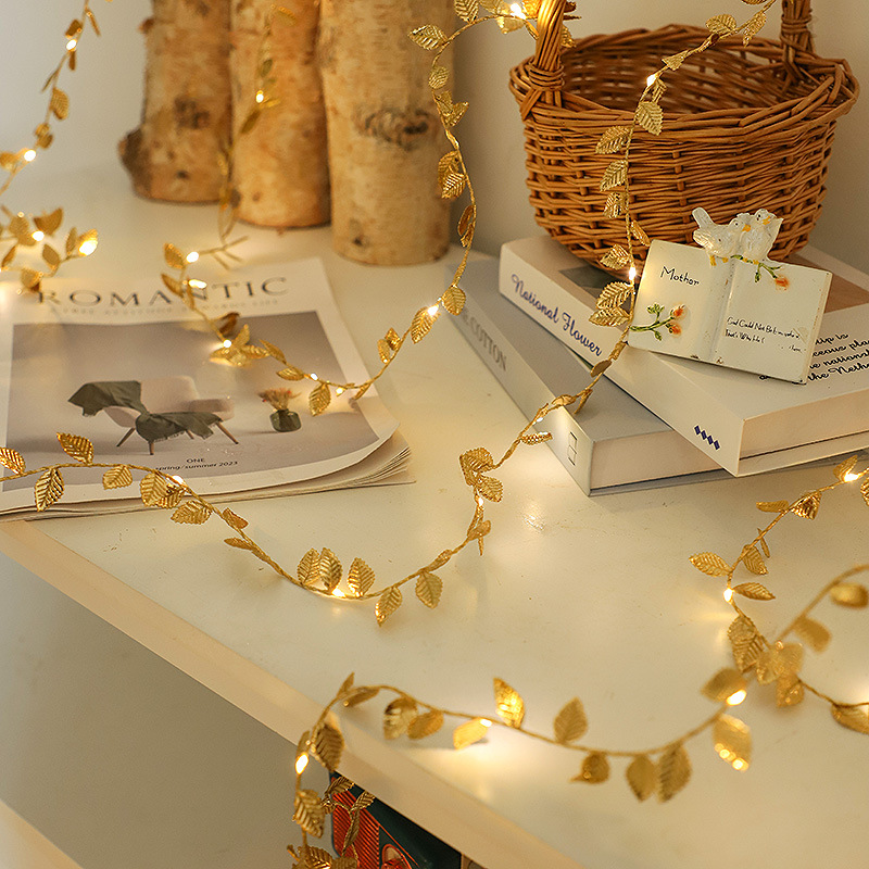 圣诞跨境led仿真金色叶子灯串装饰灯彩灯灯串氛围灯藤条装饰灯绿色叶子圣诞节日彩灯闪灯圣诞灯串灯串led灯灯串彩灯