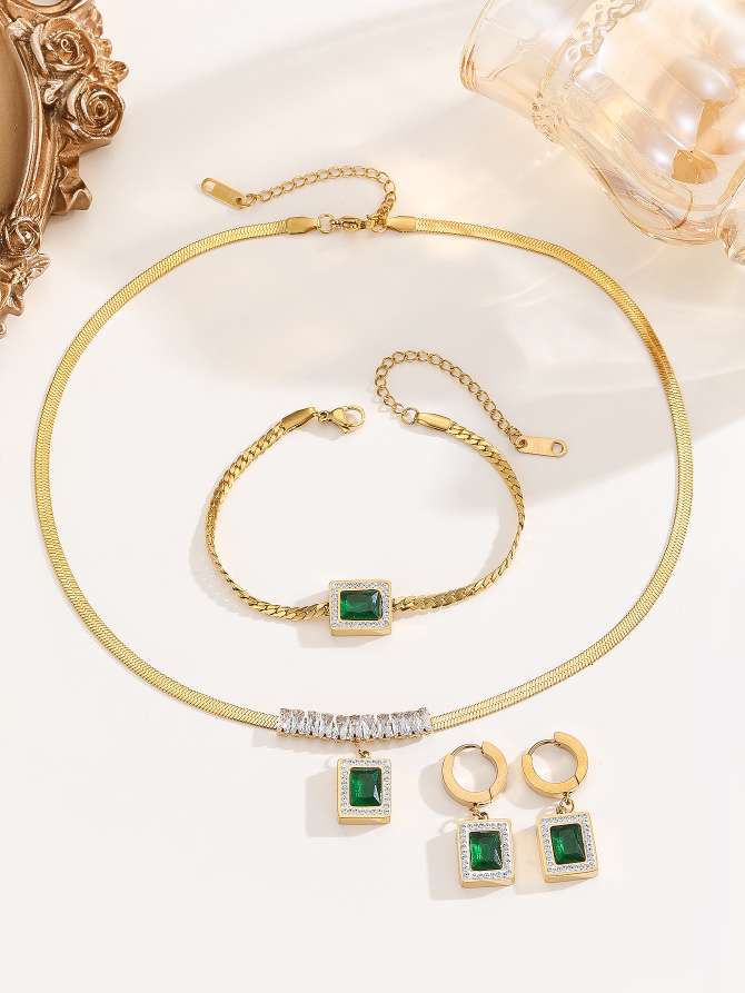 4件套时尚欧美扁链绿锆T型钻套装项链+手链+耳环适合约会送礼项链细节图