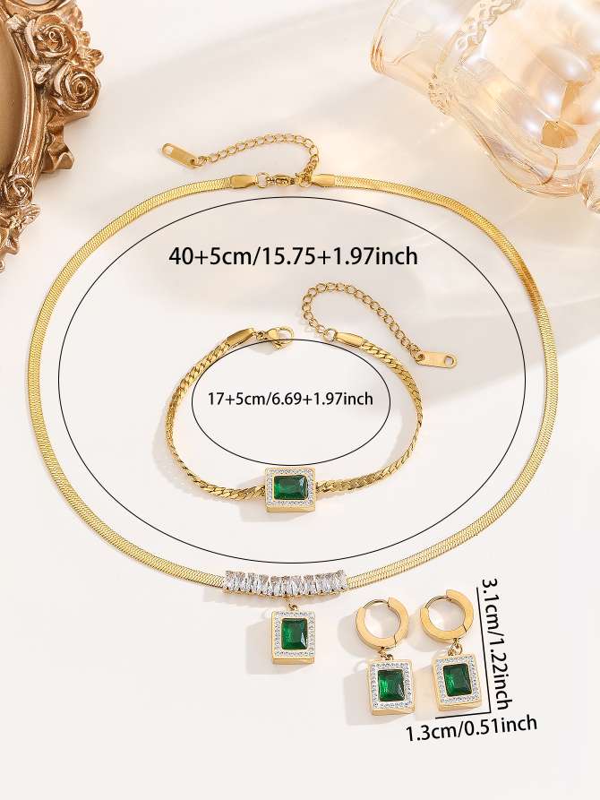4件套时尚欧美扁链绿锆T型钻套装项链+手链+耳环适合约会送礼项链详情图3