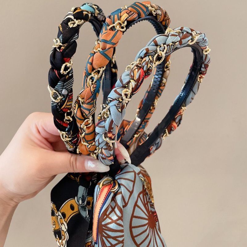 复古链条发箍缎面布艺压发夹发箍飘带发带女绑发一体系编发头饰夏