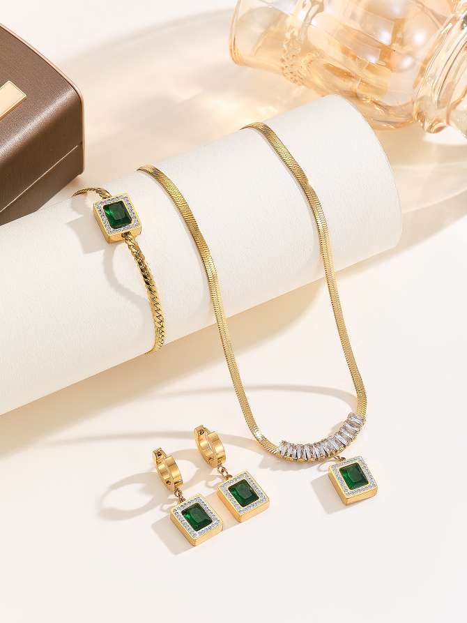 4件套时尚欧美扁链绿锆T型钻套装项链+手链+耳环适合约会送礼项链详情图2