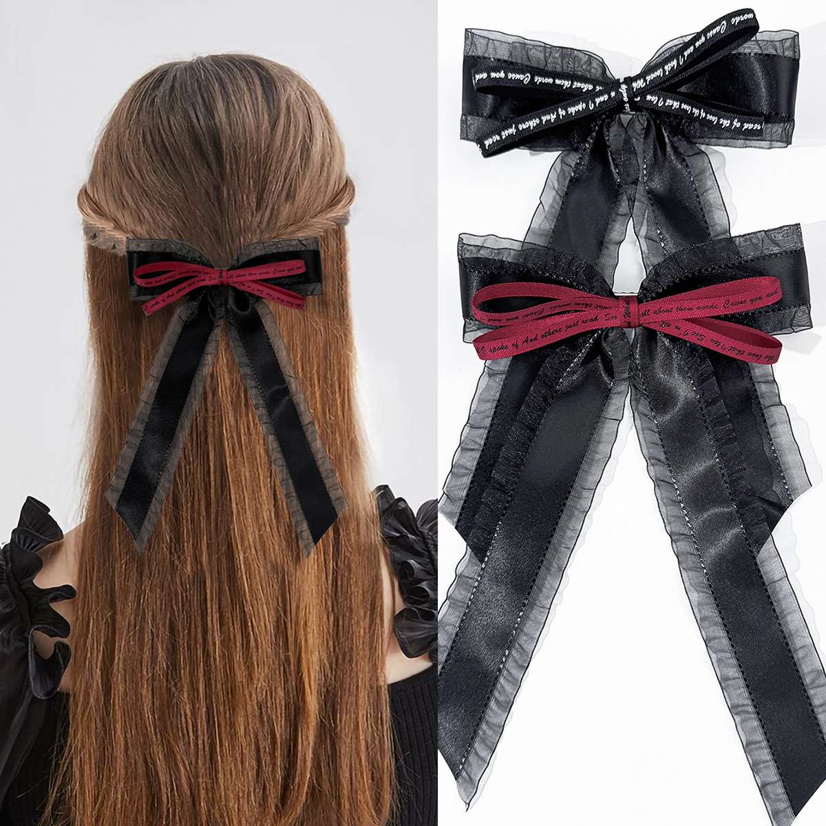 Dark, sweet and cool style, tulle lace, bow, ribbon, hairpin, women's fashionable, individual and high-end Japanese-style headwear and hair accessory