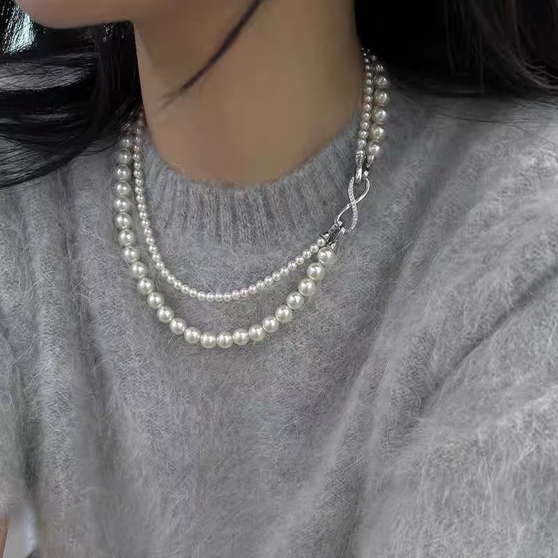 珠宝天然海水强光正圆8字扣双层珍珠项链女叠戴长款毛衣链珍珠项链珍珠项链女拼接气质项链水晶项链