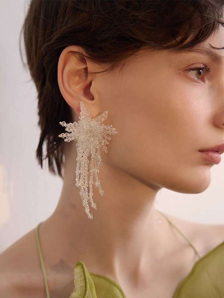 婚礼婚纱白色耳环水晶流苏耳饰925银针爆款重工耳钉
