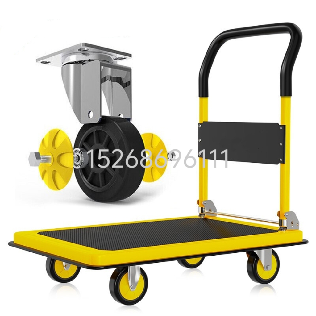 Steel plate folding flatbed cart, four-wheel thickened silent trailer, handling handcart, heavy-duty push cart, truck trolley, flatbed cart, handcart, handcart Specification image