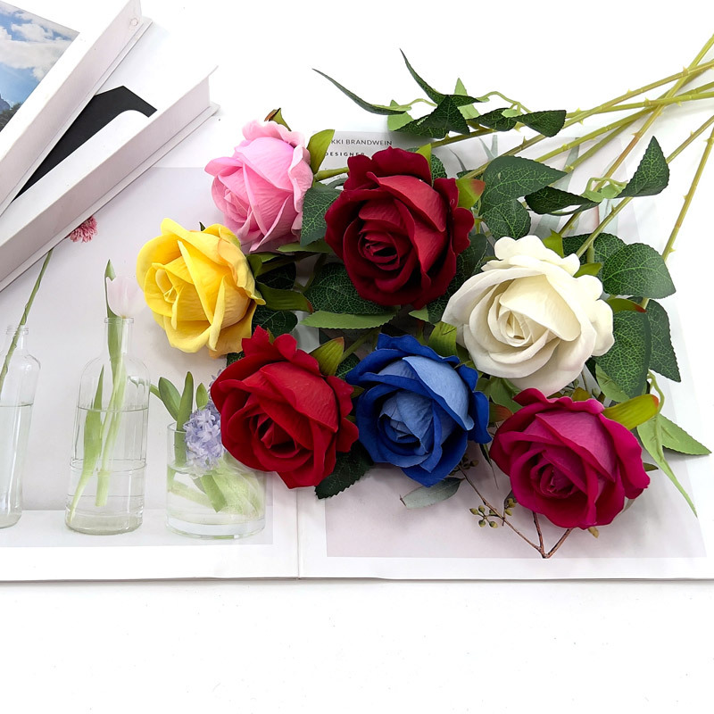 仿真花绒布单支仿真玫瑰婚礼仿真花客厅摆件假花绢花花束玫瑰花礼物道具 白底实物图