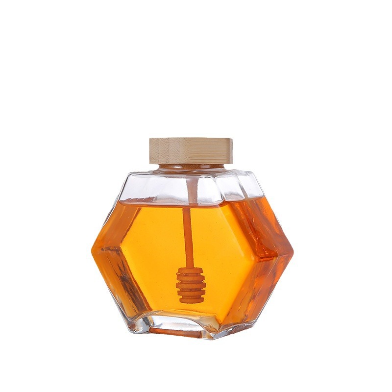 Hexagonal honey bottle, transparent jam bottle, bamboo and wood lid, portioned glass bottle, empty bottle, bird's nest bottle, food-grade sealed jar, glass honey jar detail image 3