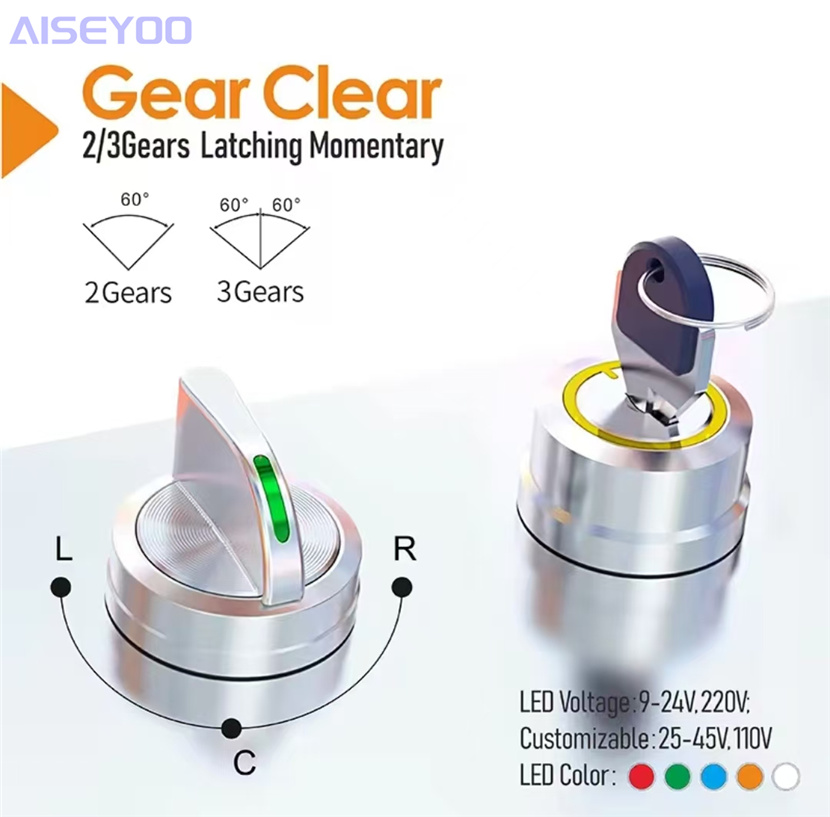 19/22mm metal knob switch holding type red and green with light, two-position and three-position rotating handle key button, two-position and three-position power switch with light, 9-24V details Picture