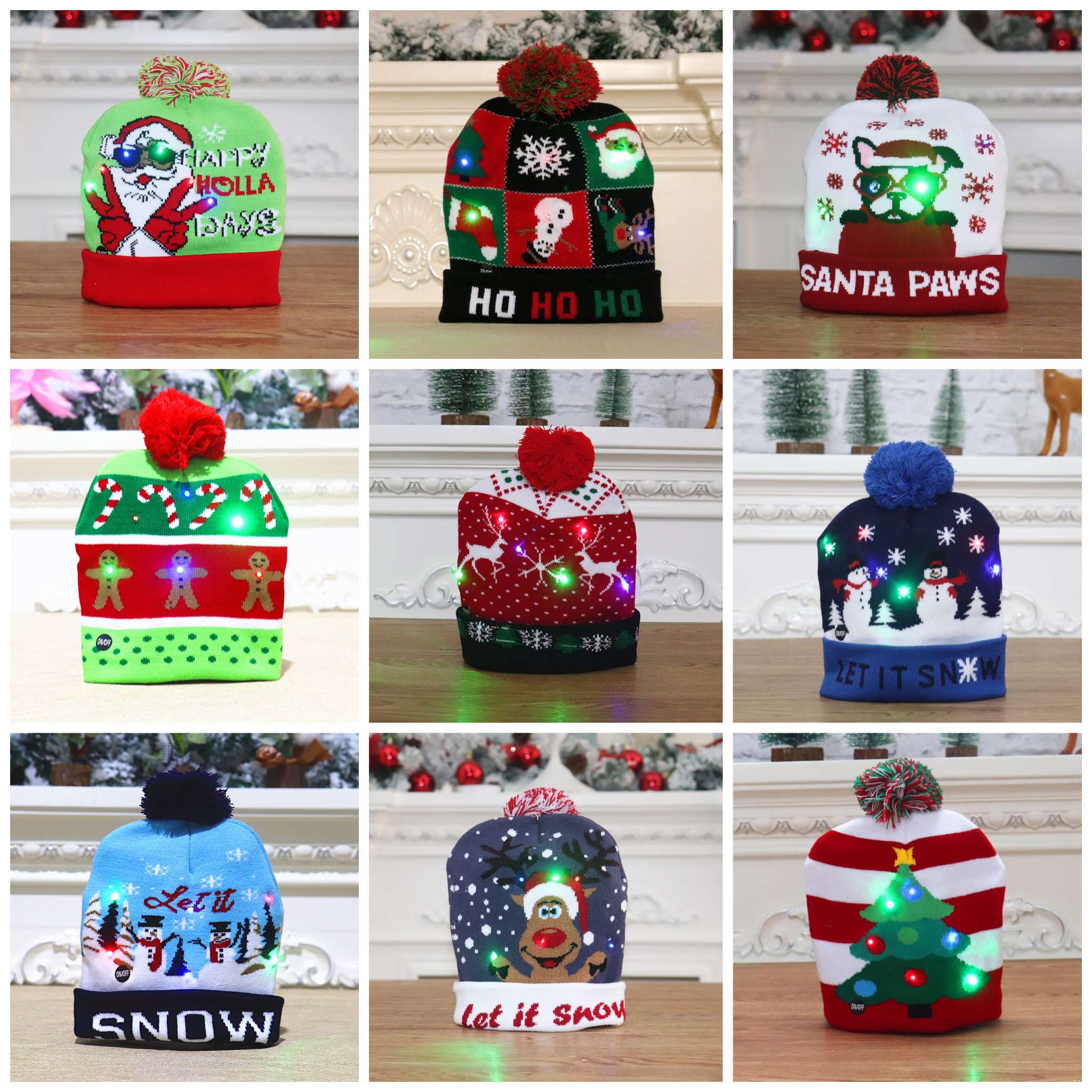 圣诞帽，提花帽，灯帽帽子