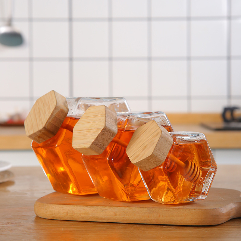 Hexagonal honey bottle, transparent jam bottle, bamboo and wood lid, portioned glass bottle, empty bottle, bird's nest bottle, food-grade sealed jar, glass honey jar detail image 2