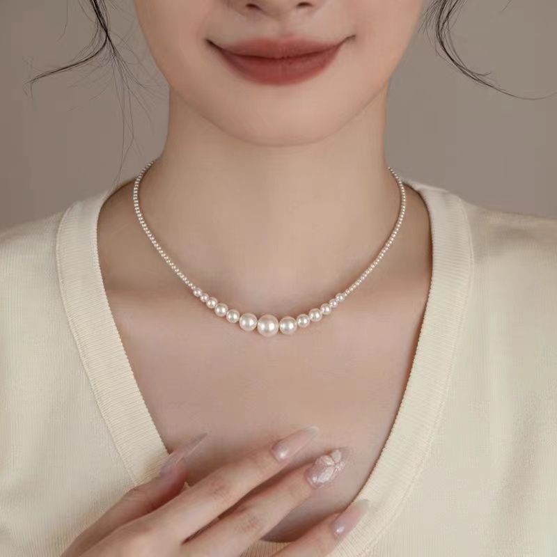 金六稫珠宝天然海水珍珠项链女渐变母贝珍珠轻奢法式锁骨链送妈妈项链珍珠项链项链女拼接气质水晶项链珍珠
