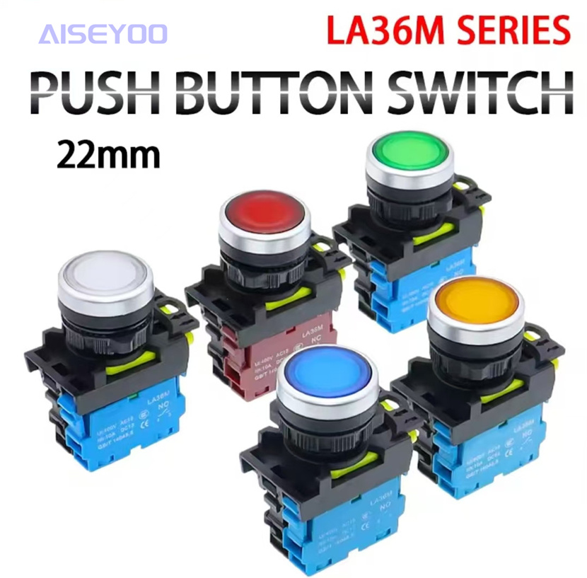 Button switch LA36M-11BN with light, flat twist, modular start-stop, self-resetting, self-locking, normally open and normally closed, red and green opening 22mm