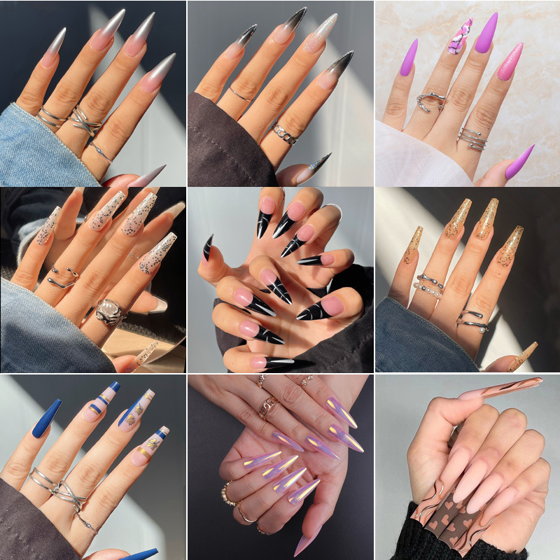 O3 Long European and American wearable nails, long pointed nails, gradient electroplated nail patches, nail art pieces, finished products, cross-border exclusive supply 02