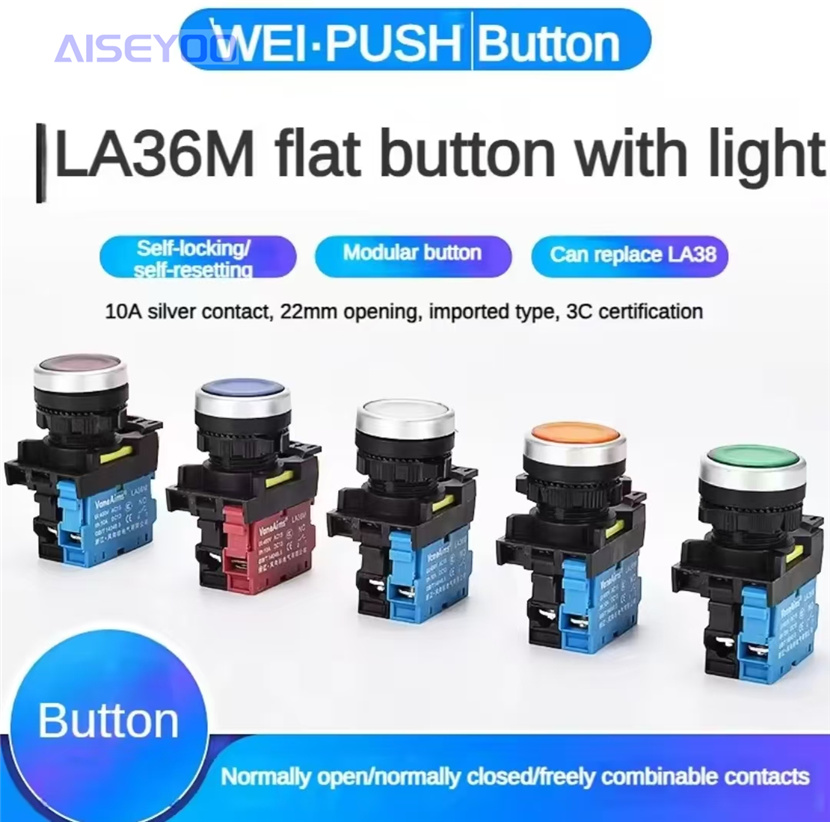 Button switch LA36M-11BN with light, flat twist, modular start-stop, self-resetting, self-locking, normally open and normally closed, red and green opening 22mm details Picture