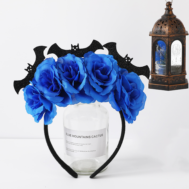 万圣节玫瑰花装饰发箍5花小蝙蝠发箍派对发饰游乐园装扮白底实物图