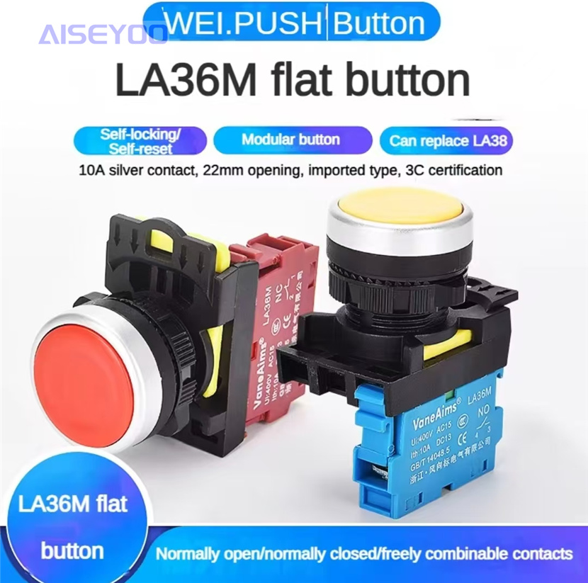 Button switch LA36M-11BN with light, flat twist, modular start-stop, self-resetting, self-locking, normally open and normally closed, red and green opening 22mm Specification image