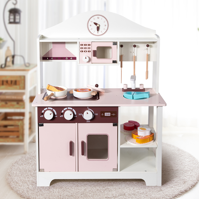 木制儿童莫兰迪厨房仿真模拟灶台烧菜煮饭过家家餐具套装互动玩具粉色蓝色两款可选