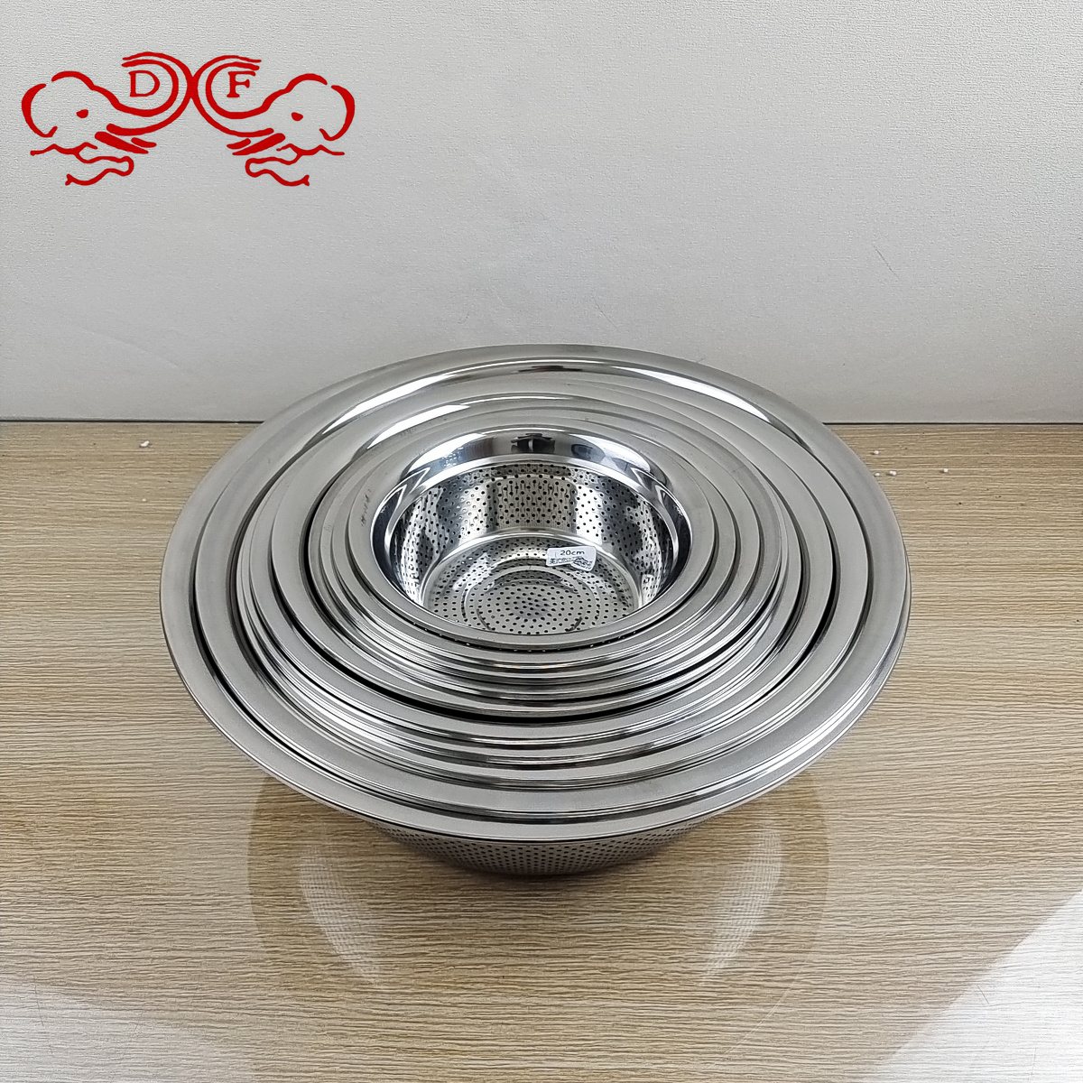 DF99907 stainless steel rice sieve, rice washing sieve with perforated design, food-grade stainless steel material, multiple sizes available, DF TRADINGHOUSE