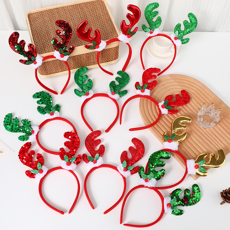 新款圣诞发箍儿童成人亮片鹿角头箍发卡圣诞节派对装饰