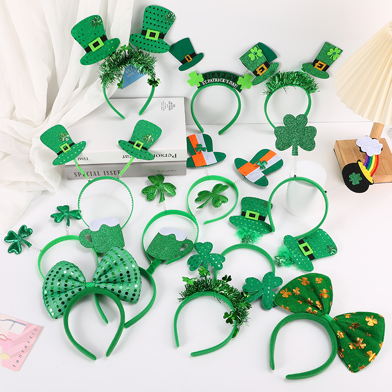爱尔兰节发箍绿色三叶草头箍 圣帕特里克节日发扣小帽子发箍