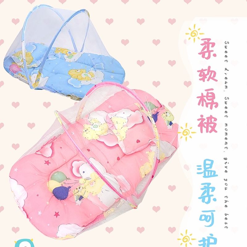 夏季棉垫枕头三件套可折叠婴儿宝宝蚊帐免安装有底蚊帐罩婴儿床外贸批发