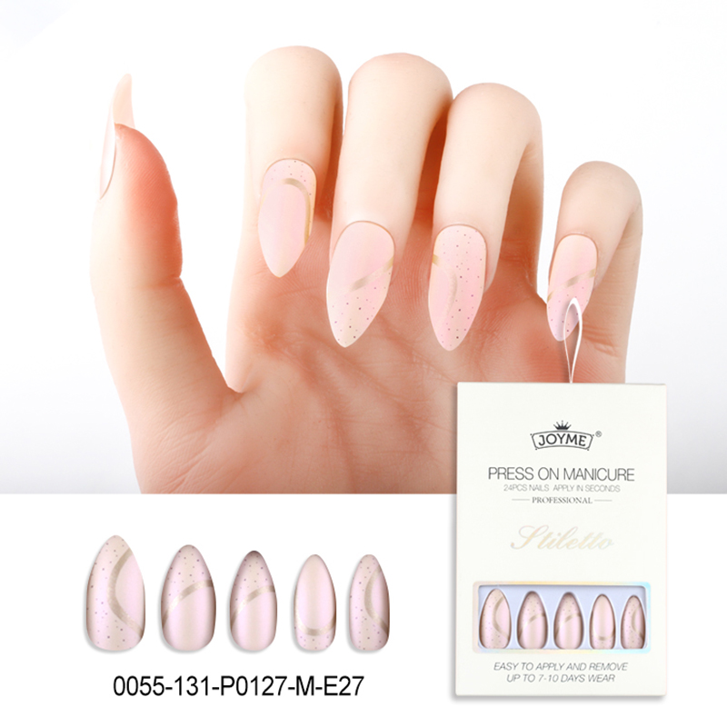 新款欧美流行穿戴甲高级手工甲跨境电商甲片尖头粉色穿戴式指甲贴片1