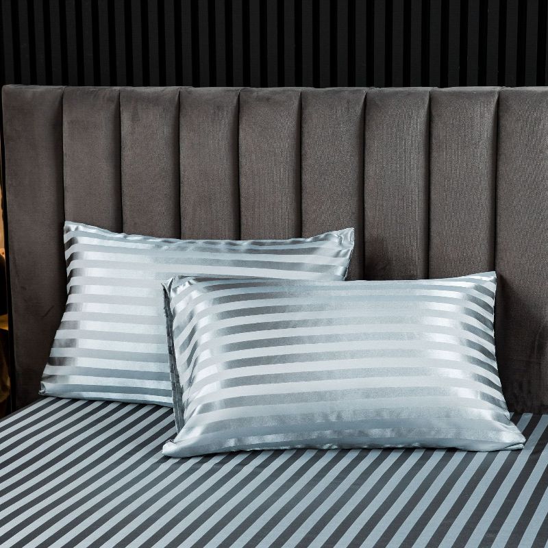 床上用品枕芯枕头套枕套纯色简约色丁仿真丝缎条枕套银灰