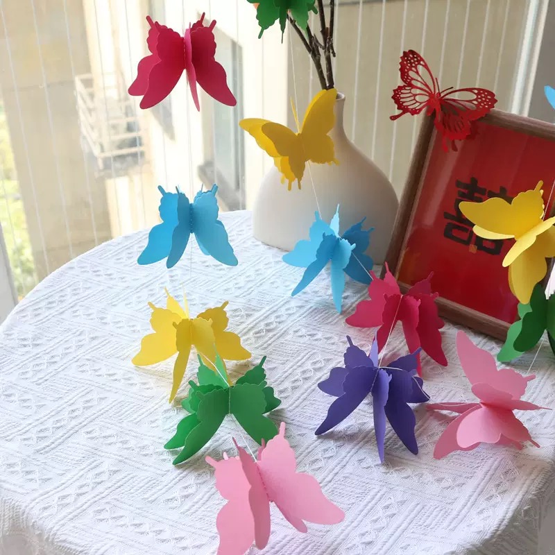 3D three-dimensional butterfly paper latte art, wedding bedroom decoration, wedding living room decoration, birthday party, seven-color paper string pieces, living room hanging decorations Item Picture