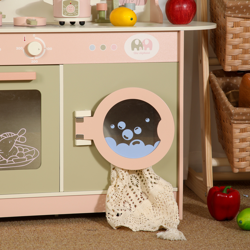 Wooden children's kitchen toys play home simulation kitchenware Chiechle set girls toy gift box multi-functional pink green kitchen oven refrigerator washing machine details Picture