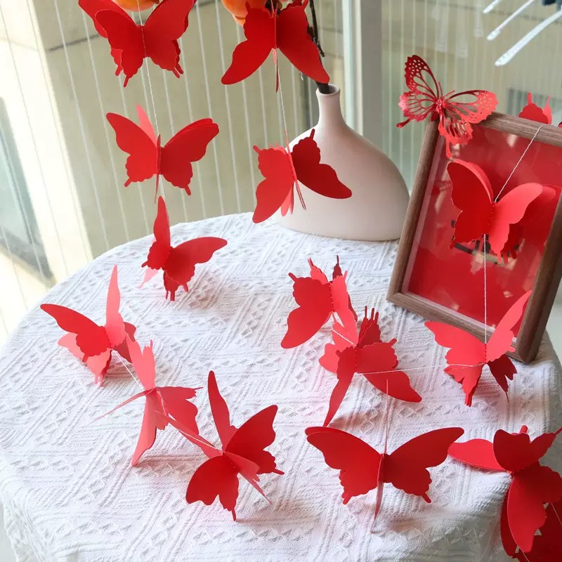 3D three-dimensional butterfly paper latte art, wedding bedroom decoration, wedding living room decoration, birthday party, seven-color paper string pieces, living room hanging decorations Application Scenario