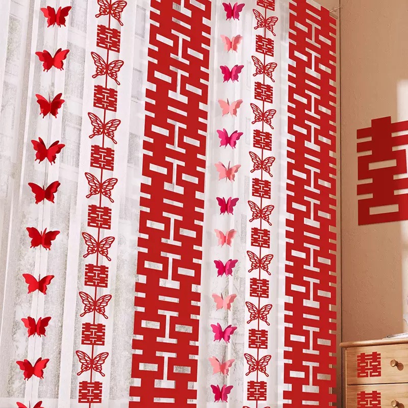 3D three-dimensional butterfly paper latte art, wedding bedroom decoration, wedding living room decoration, birthday party, seven-color paper string pieces, living room hanging decorations Specification image