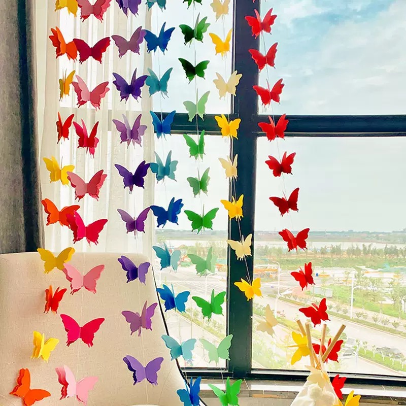 3D three-dimensional butterfly paper latte art, wedding bedroom decoration, wedding living room decoration, birthday party, seven-color paper string pieces, living room hanging decorations details Picture