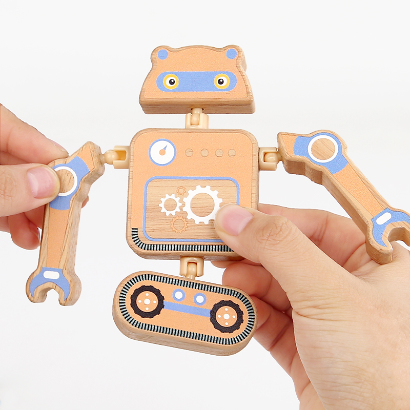 Creative DIY snap building blocks Cartoon three-dimensional jigsaw puzzle building blocks Puzzle toys Solid wood disassembly robot set Export Certificate CE CPC three optional animal dinosaur robot details Picture