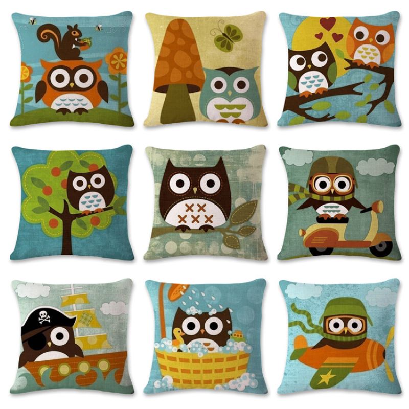 田园风大眼猫头鹰  卡通亚麻抱枕靠枕汽车沙发靠垫套亚马逊热销