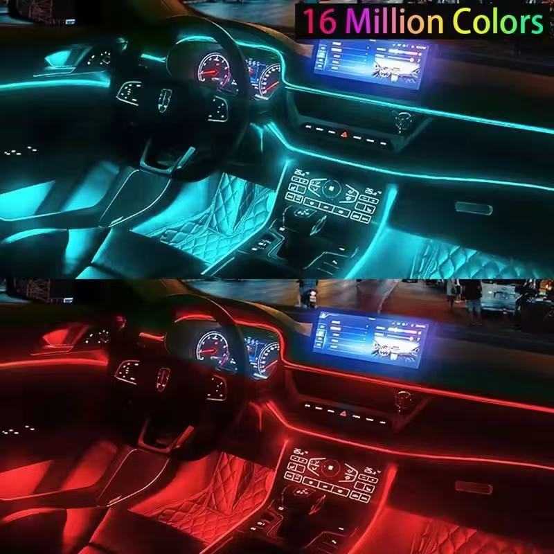 The car led ambient light, cold light, seven-color mobile APP control, ambient light, music, sound control, light guiding and contour control Item Picture