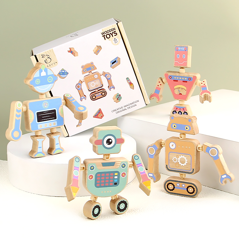 Creative DIY snap building blocks Cartoon three-dimensional jigsaw puzzle building blocks Puzzle toys Solid wood disassembly robot set Export Certificate CE CPC three optional animal dinosaur robot full figure