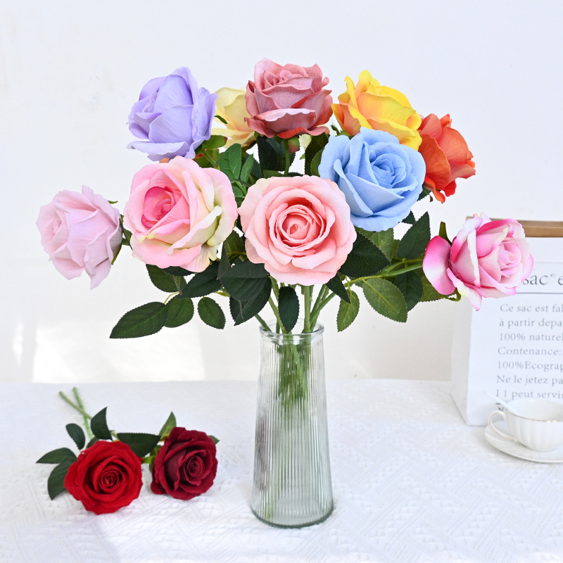 单支绒布玫瑰 情人节仿真玫瑰花家居装饰礼品花假花花墙插花装饰婚庆用品